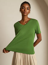 [Groen] SilkSilky-NL Short Sleeve V Neck Dames T-Shirt 006