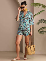 [Teal Botanisch] SilkSilky-NL Short Sleeve Notch Collar Dames Pyjama Set 006
