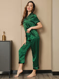 SilkSilky NL Pure Silk Korte Mouw Revers Dames Pyjama Set Groen 005