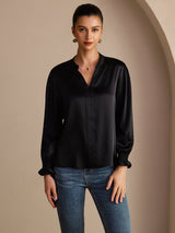 [Zwart] SilkSilky-NL Long Sleeve Split Blouse 001
