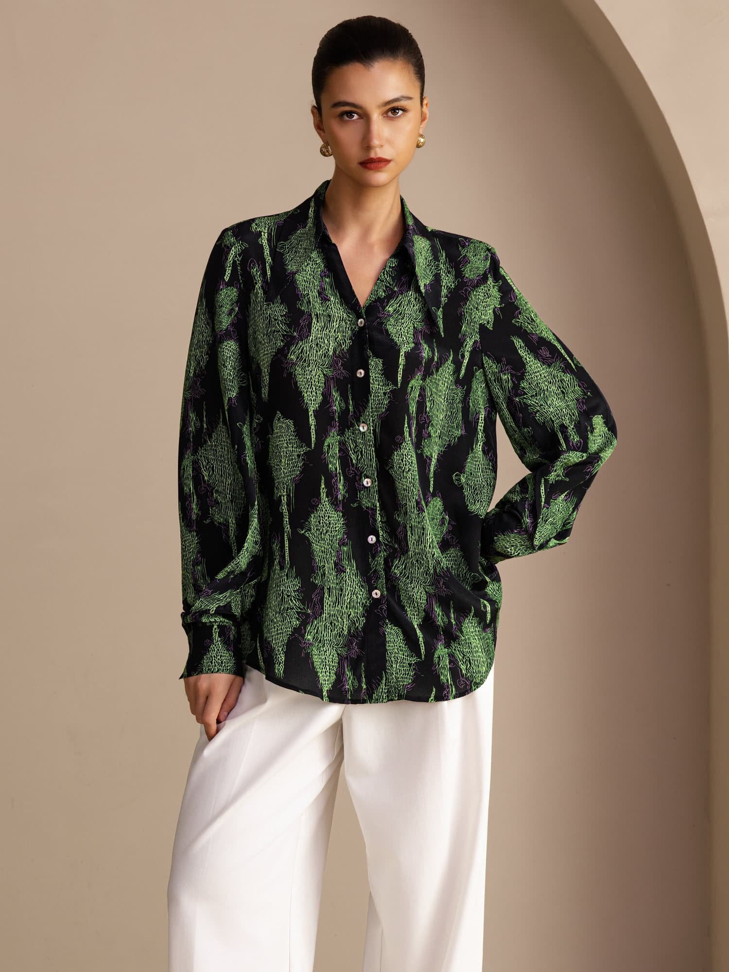 [Zwart Mos] SilkSilky-NL Long Sleeve Lapel Collar Blouse 001