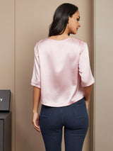 [Roze] SilkSilky-NL Halve Mouw Diepe Ronde Hals Dames T-Shirt 002