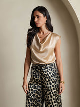 [Champagne] SilkSilky-NL Cap Sleeve Cowl Neck Dames T-Shirt 006