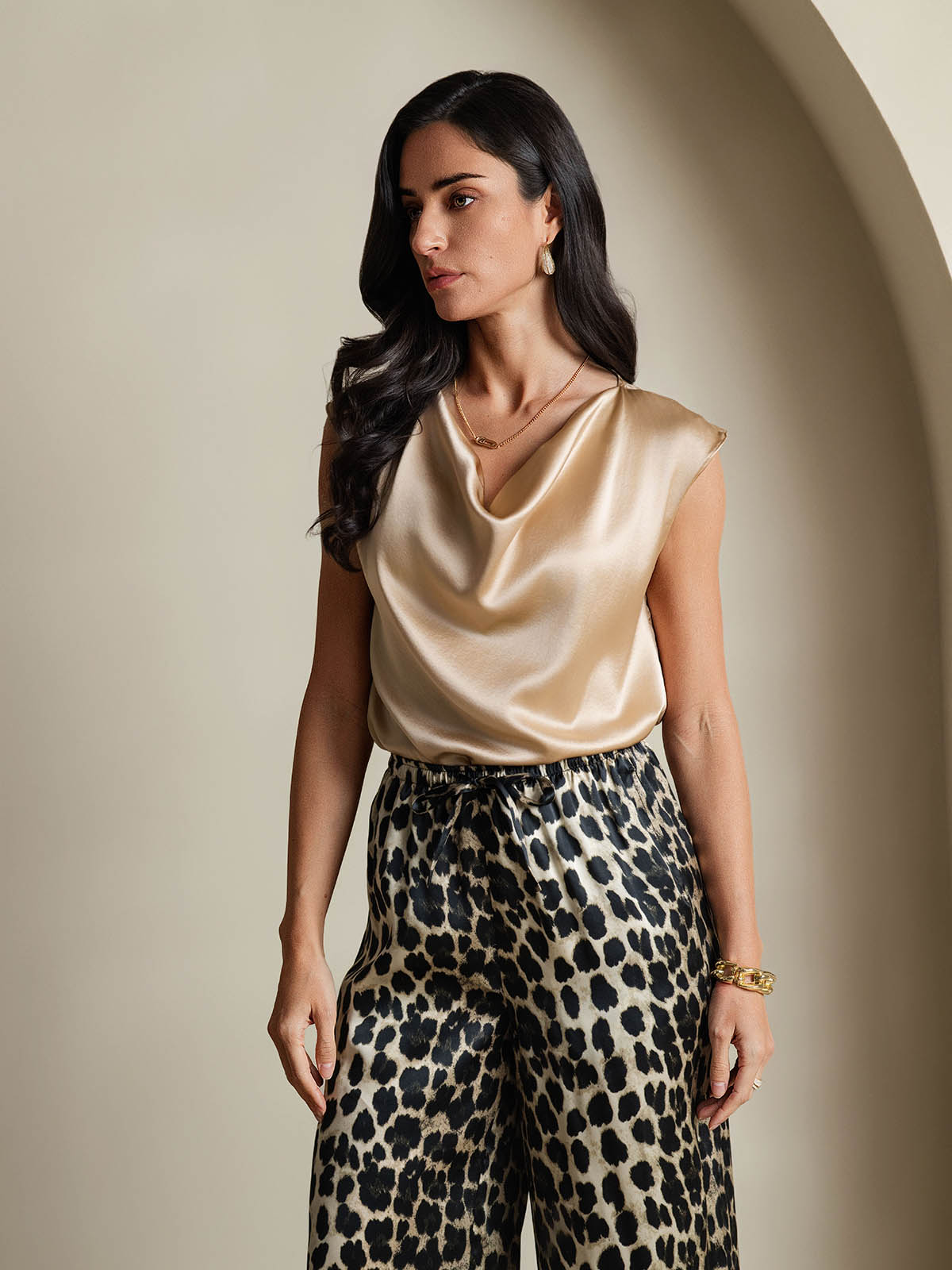 [Champagne] SilkSilky-NL 19Momme Zijde Womens T-Shirt 005