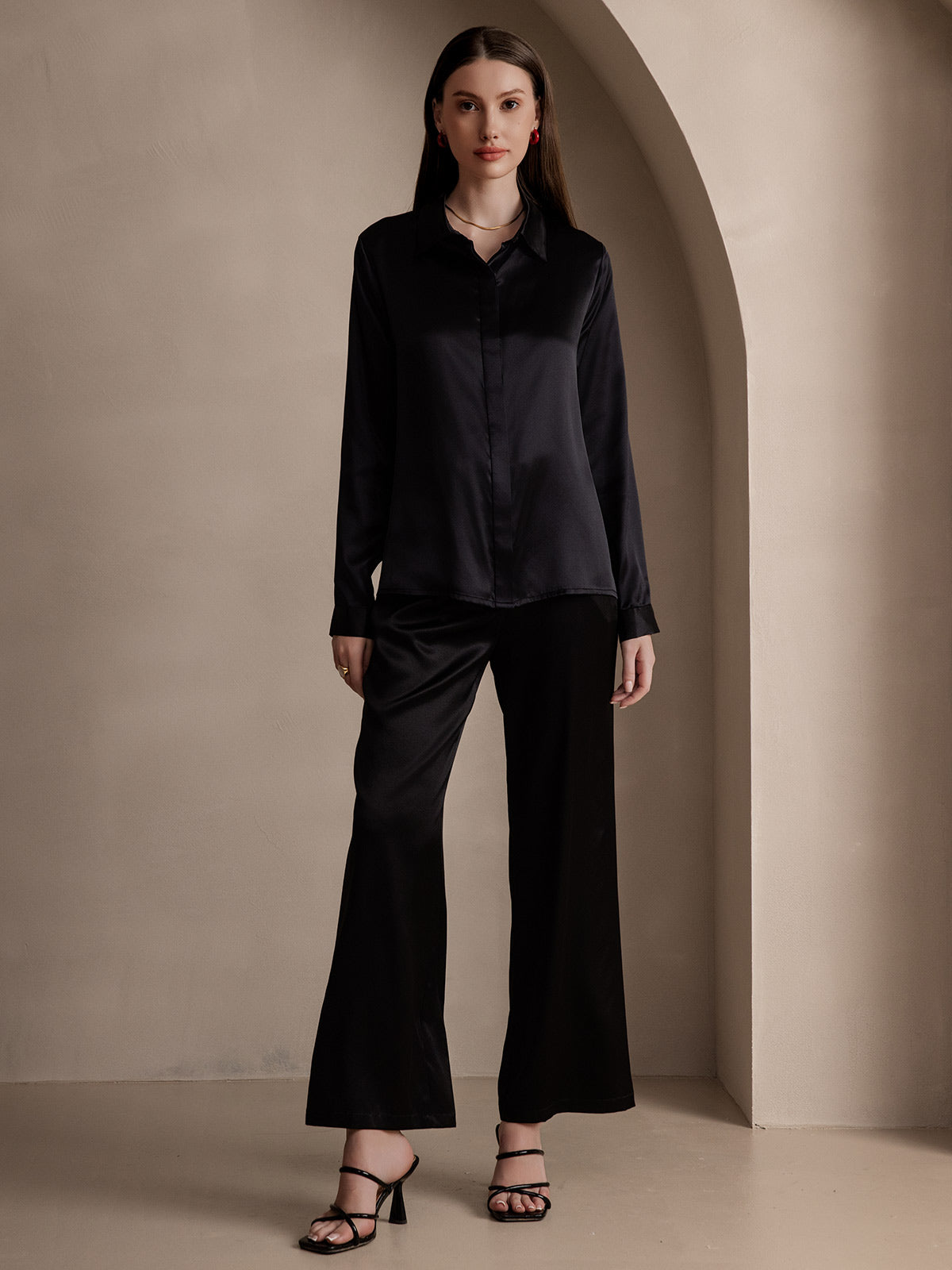 [Zwart] SilkSilky-NL 19Momme Zijde Lapel Collar Dames Blouse 006