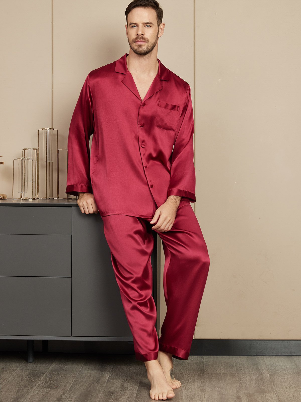 SilkSilky NL Pure Silk Lange Mouw Mens Pajamas Wijn 005