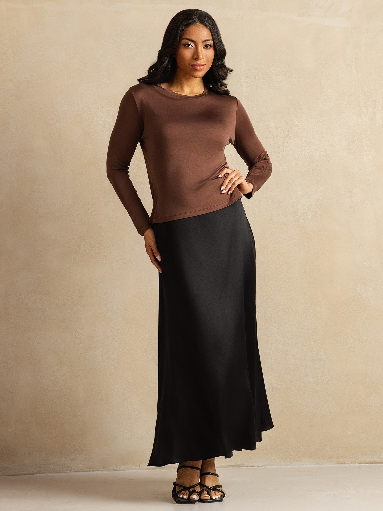 [Koffie] SilkSilky-NL Lange Mouw Crew Hals Dames T-Shirt 009