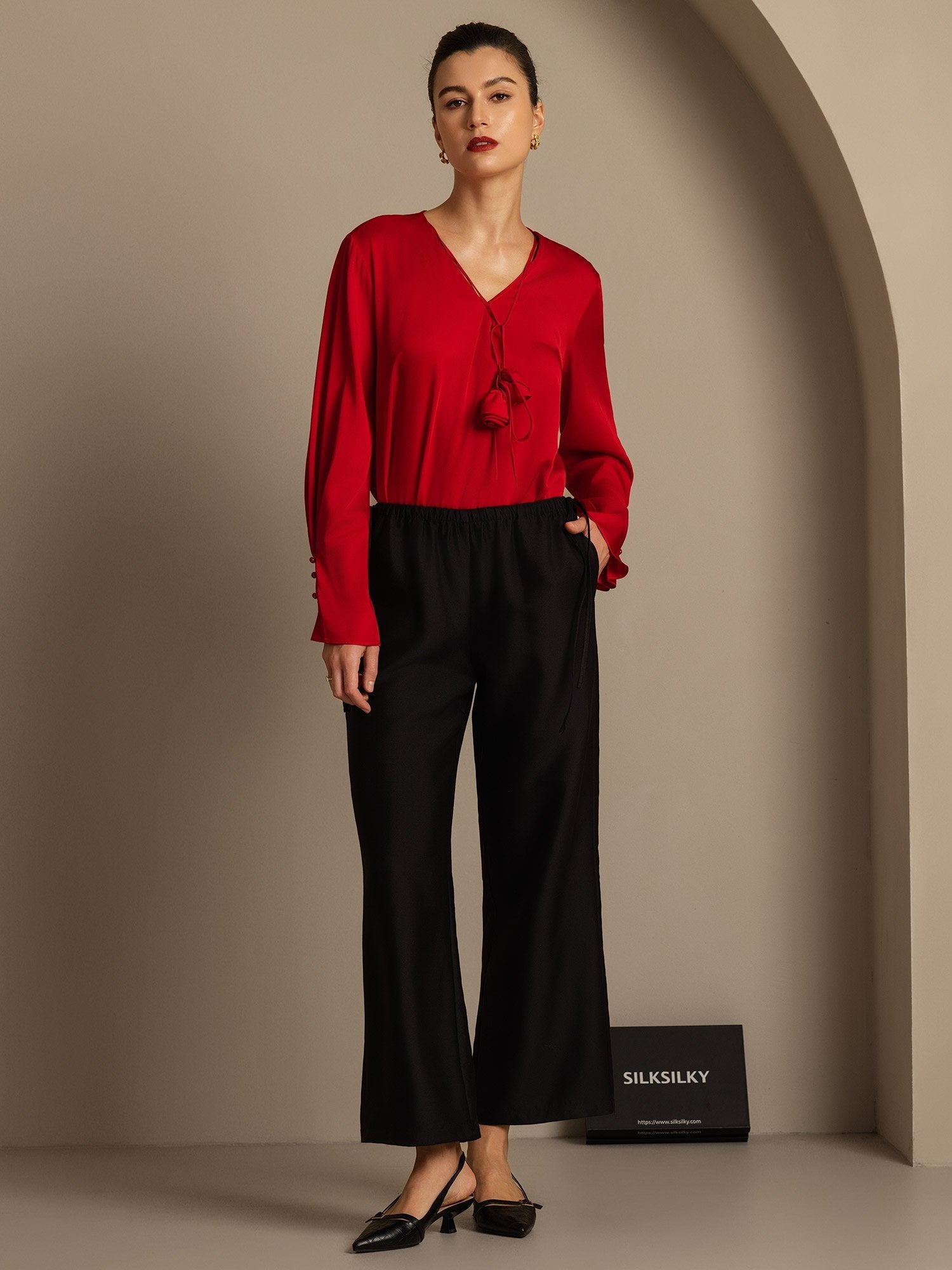 [Zwart] SilkSilky-NL 32Momme Silk-Wool Blend Womens Pants 007,