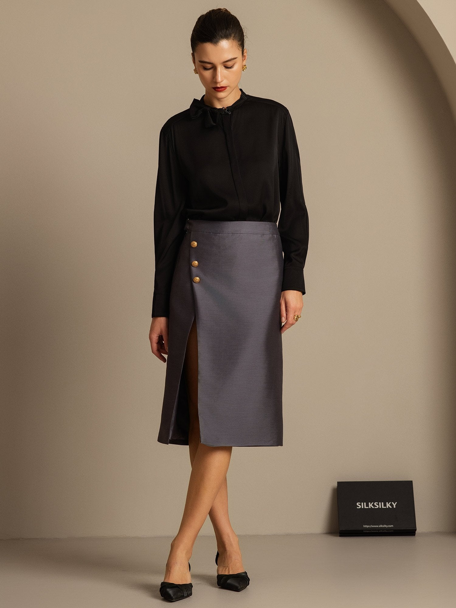 [Grijs] SilkSilky-NL 32Momme Silk-Wool Blend Skirt 006,
