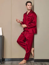 [Wijn] SilkSilky-NL Pure Silk Lange Mouw Revers Heren Pyjama Set 002