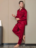 SilkSilky NL Pure Silk Lange Mouw Revers Heren Pyjama Set Wijn 002