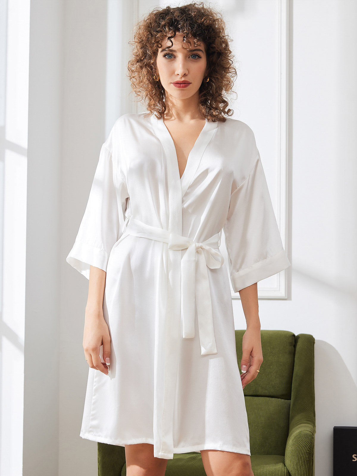 [Wit] SilkSilky-NL Pure Silk Halve Mouw Womens Robe 005