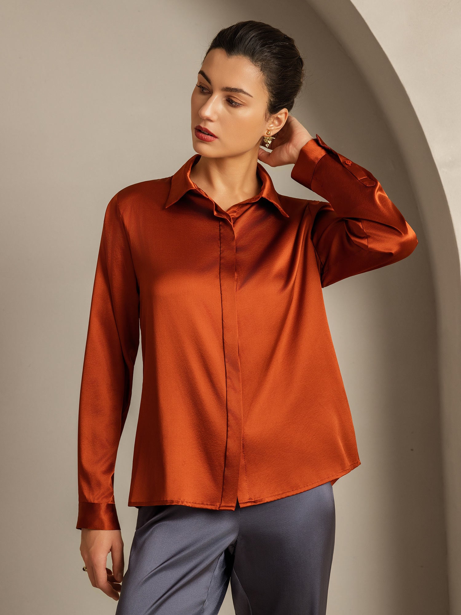 [Karamel] SilkSilky-NL 19Momme Zijde Kraag Dames Blouse 004
