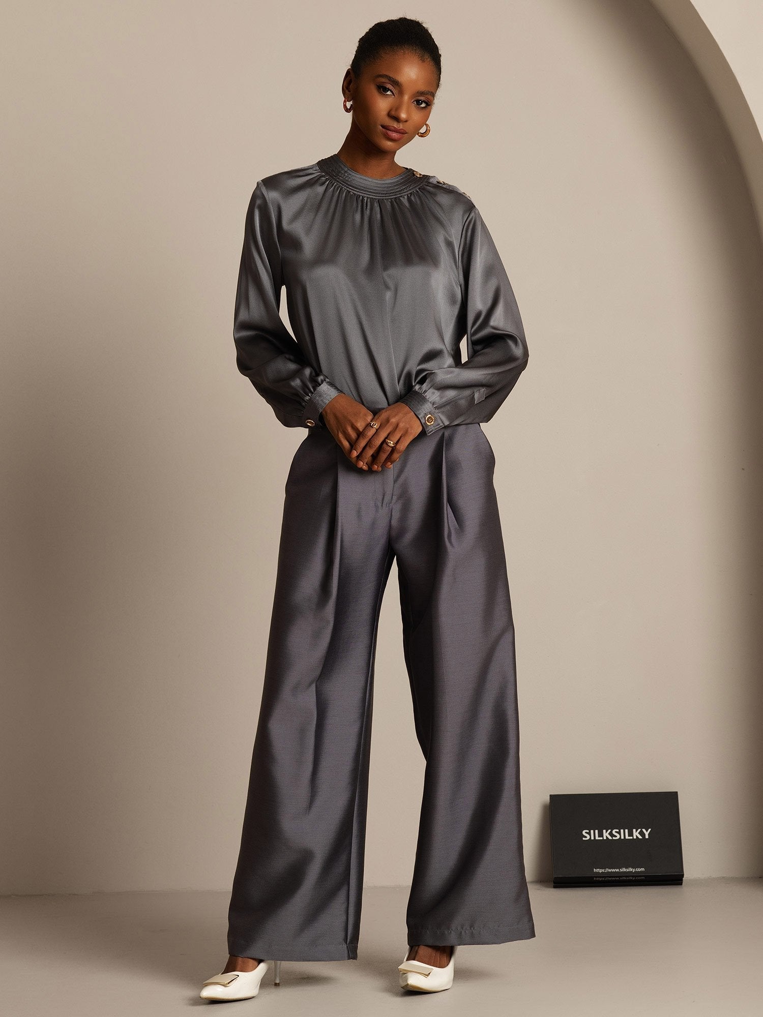 [Grijs] SilkSilky-NL 32Momme Silk-Wool Blend Womens Pants 006,