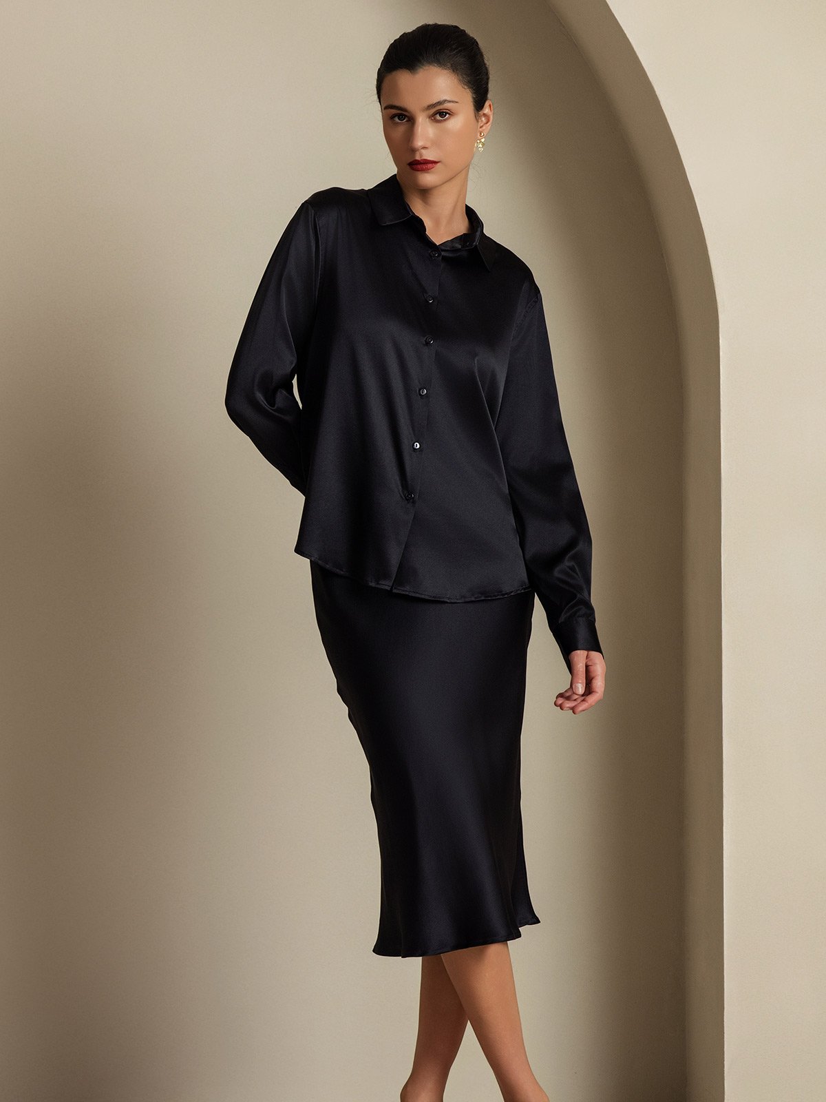 [Zwart] SilkSilky-NL 19Momme Zijde Kraag Women''s Outfit Sets 006,