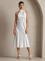[Wit] SilkSilky-NL 19Momme Stretch Silk Charmeuse Sleeveless Tie Neck Jurk 004