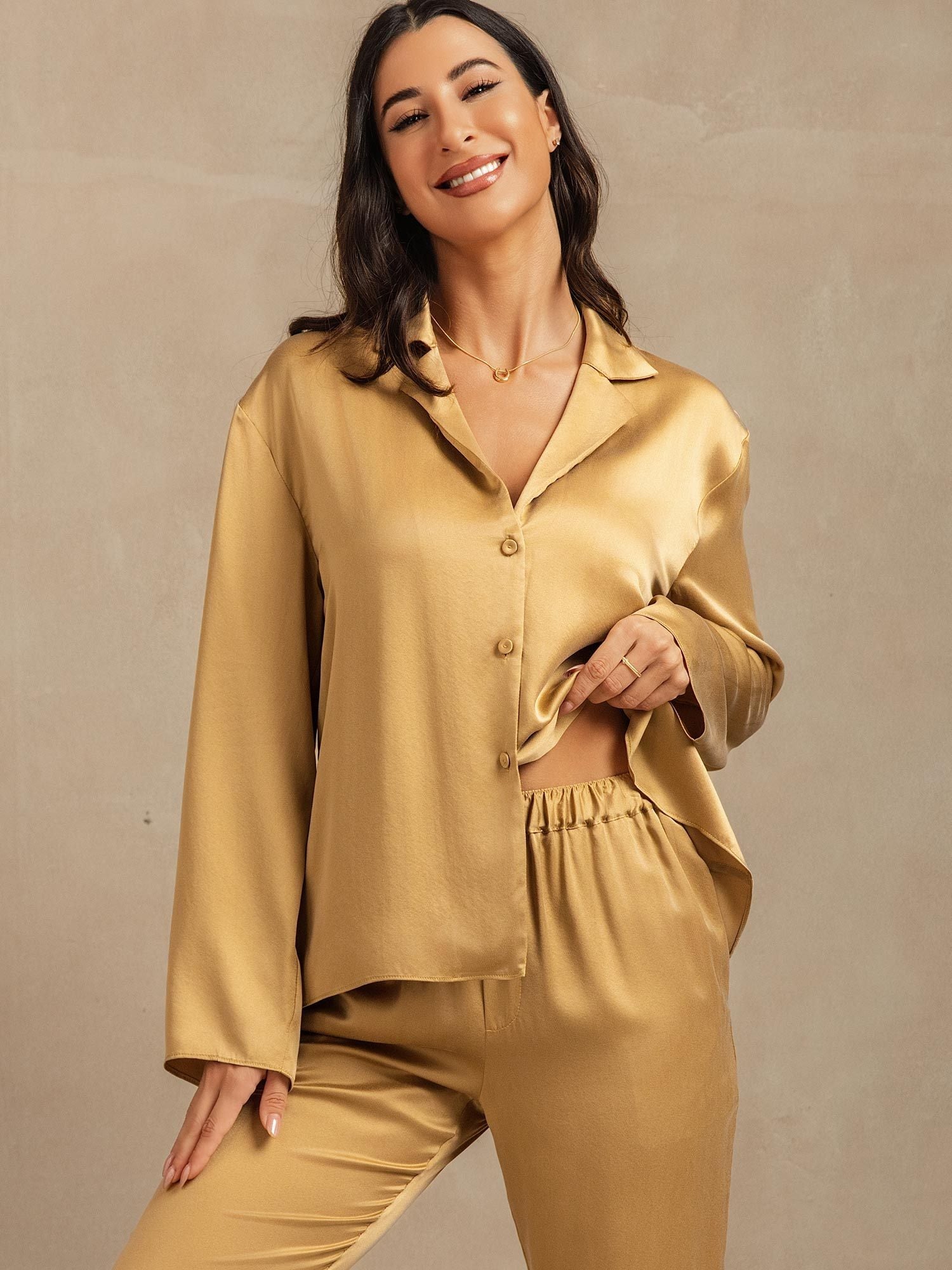 [Tan] SilkSilky-NL 19Momme Zijde Inkeping Dames Pyjama Set 007