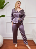 SilkSilky NL Pure Silk Lange Mouw Revers Dames Grote maten Pyjama Set PaarsGrijs 003