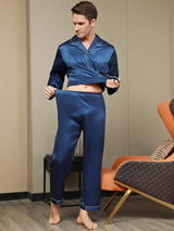 [Donkerblauw] SilkSilky-NL Pure Silk Lange Mouw Revers Heren Pyjama Set 009