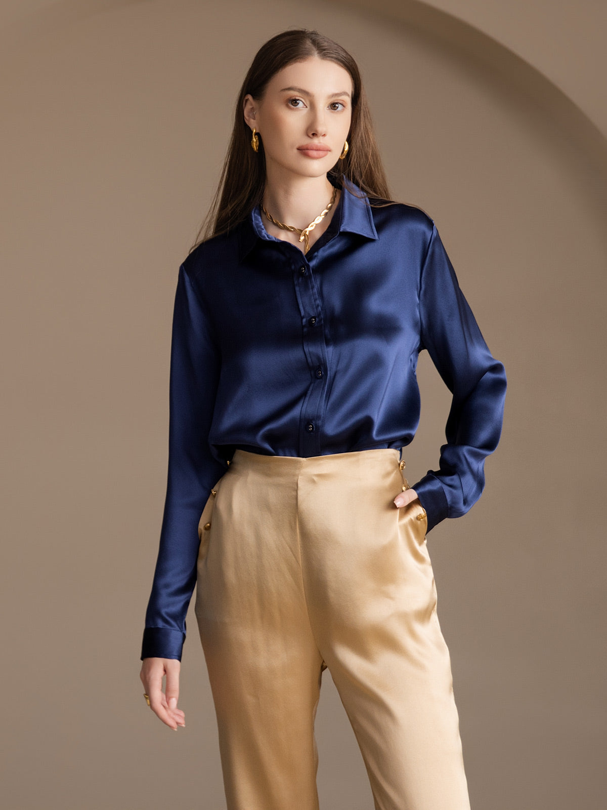 [Champagne] SilkSilky-NL 19Momme Zijde Womens Pants 009