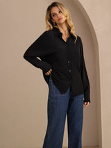 [Zwart] SilkSilky-NL Long Sleeve Lapel Collar Dames Blouse 004