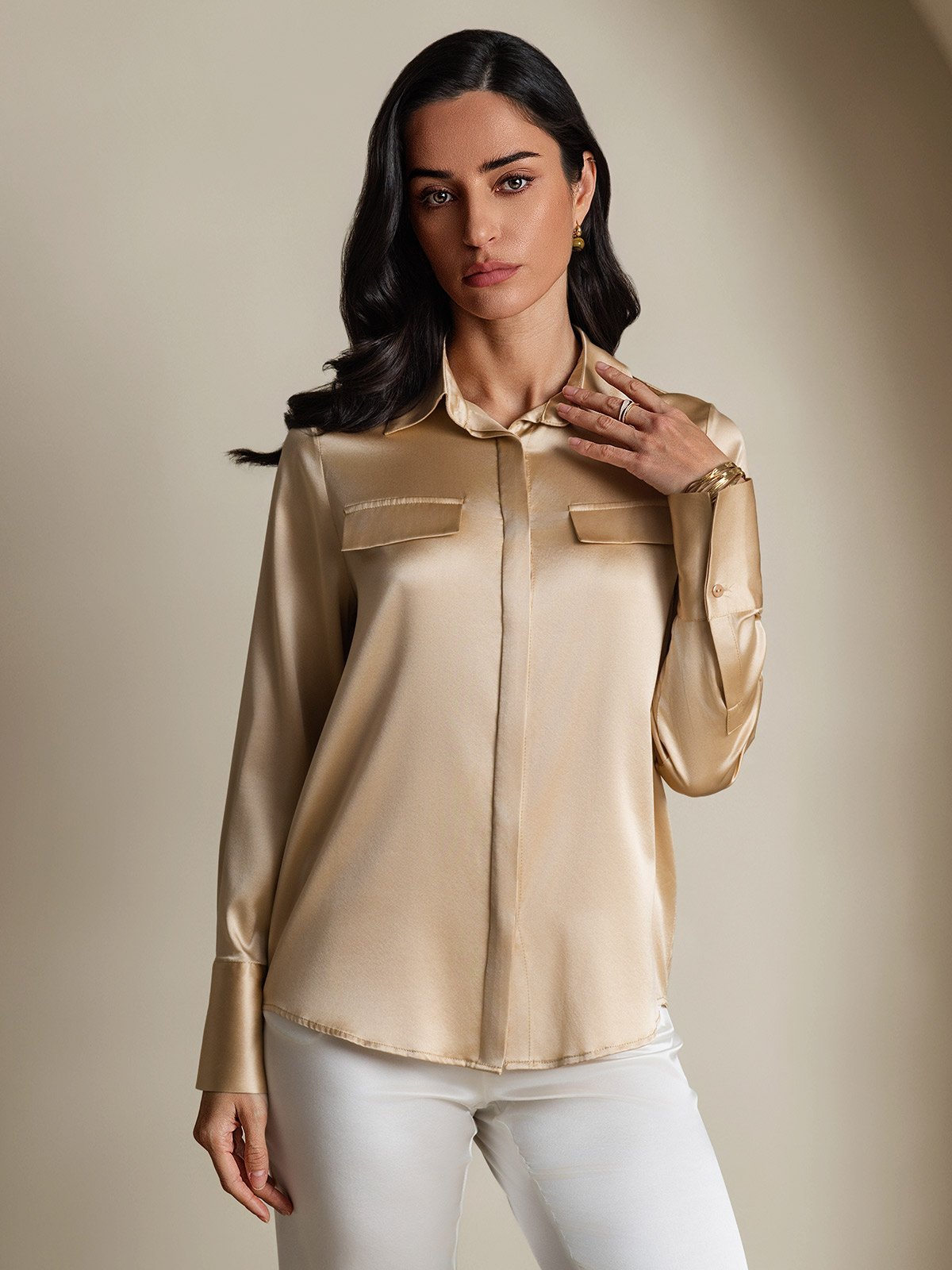 SilkSilky-NL 19Momme Zijde Lange Mouw Kraag Dames Blouse Champagne 004