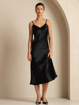 [Zwart] SilkSilky-NL Spaghetti Strap V Neck Jurk 004