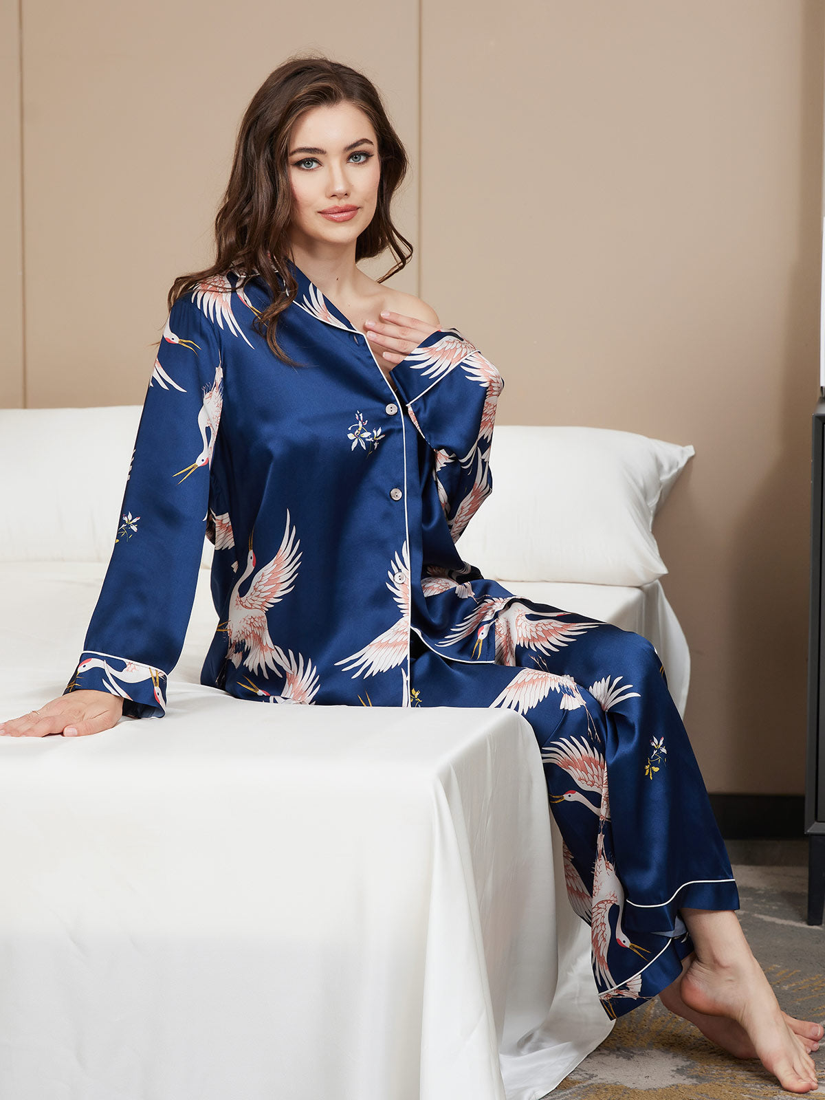 [Donkerblauw] SilkSilky-NL 19Momme Womens Pajamas 006