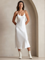 [Wit] SilkSilky-NL Spaghetti Bandjes V Hals Jurk 003