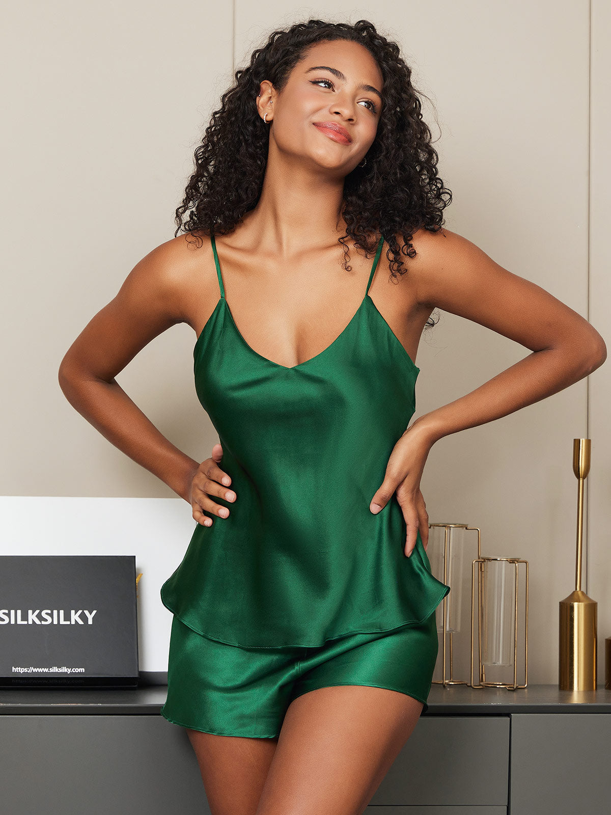 [Groen] SilkSilky-NL Spaghetti Bandjes V Hals Cami-Set 002