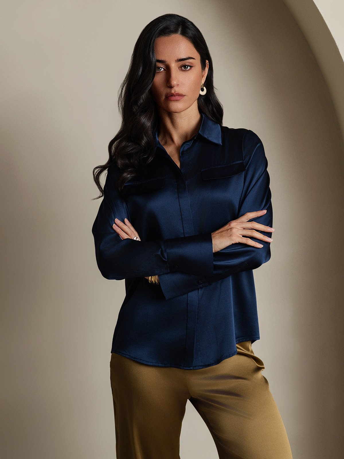 SilkSilky-NL 19Momme Zijde Lange Mouw Kraag Dames Blouse Donkerblauw 005