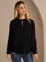 [Zwart] SilkSilky-NL Long Sleeve Keyhole Neck Blouse 003