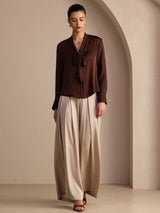 [Pure Chocolade] SilkSilky-NL Long Sleeve Tie Neck Blouse 005