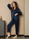 SilkSilky-NL Lange Mouw Revers Dames Pyjama Set Donkerblauw 006