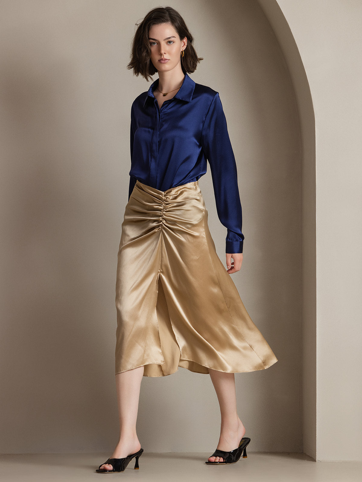 [Donkerblauw] SilkSilky-NL 19Momme Zijde Lapel Collar Dames Blouse 006