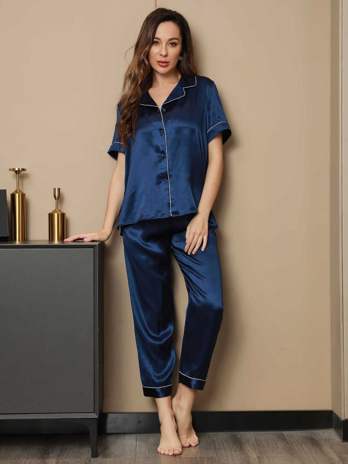 SilkSilky NL Pure Silk Korte Mouw Revers Dames Pyjama Set Donkerblauw 003