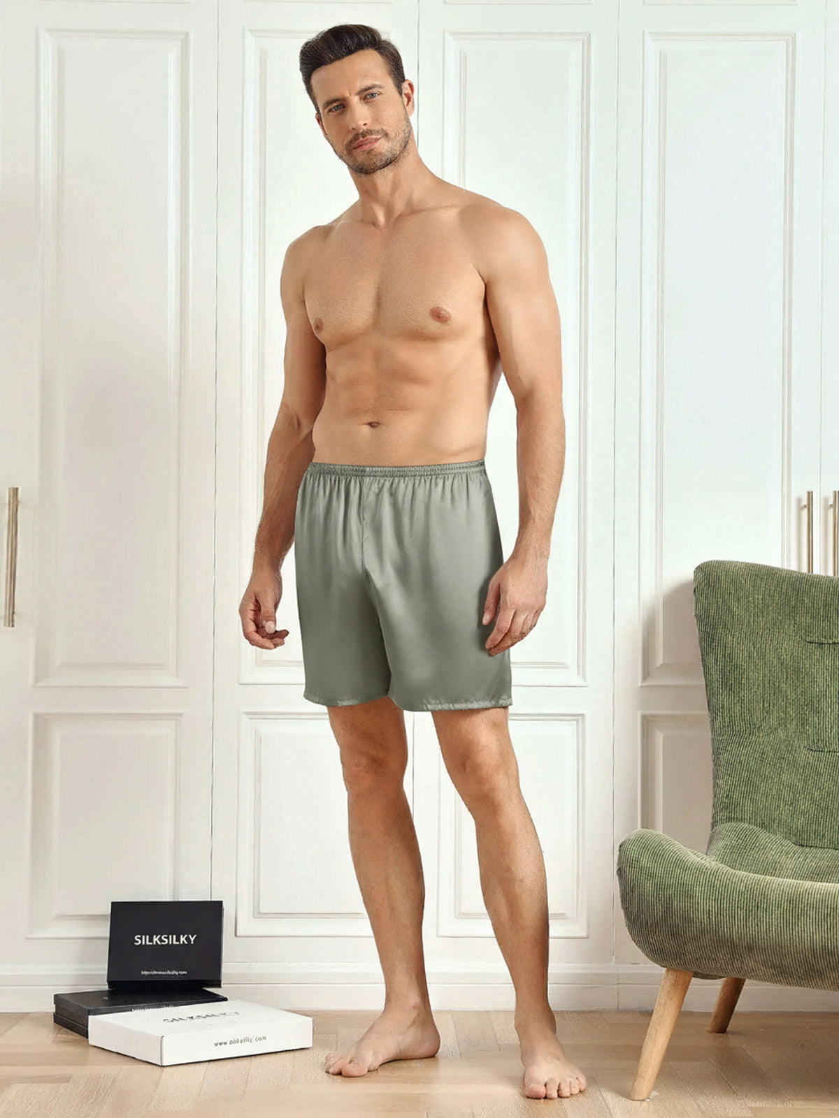 [Grijsachtig Groen] SilkSilky-NL 19Momme Mens Sleep Bottoms 004