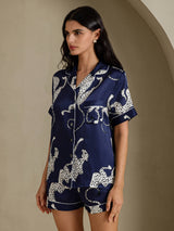 [Marineblauwe Jachtluipaard] SilkSilky-NL Short Sleeve Notch Collar Dames Pyjama Set 003