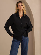 [Zwart] SilkSilky-NL Long Sleeve Lapel Collar Dames Blouse 003