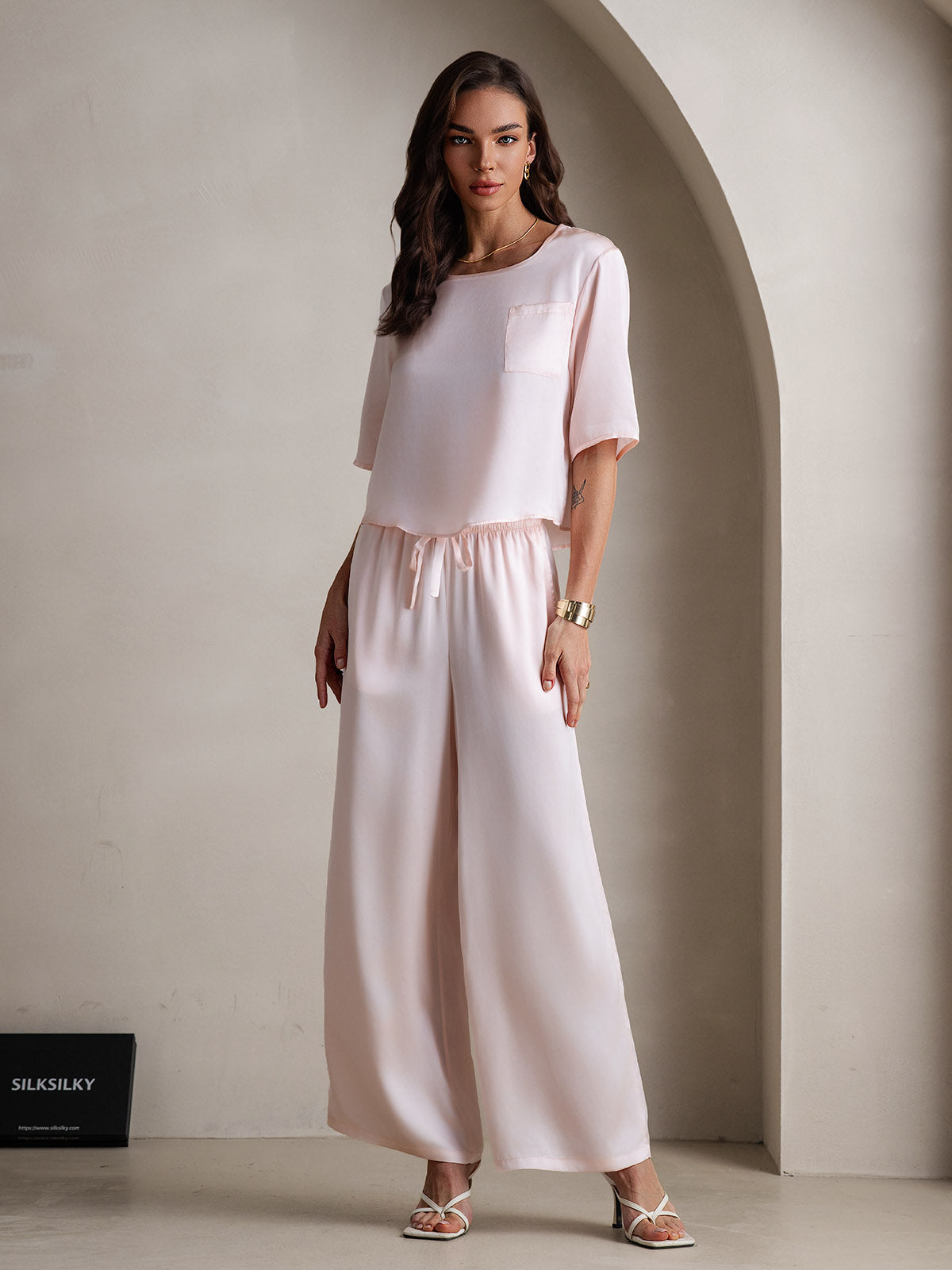 [Roze] SilkSilky-NL Ronde Hals Dames Pyjama Set 003,