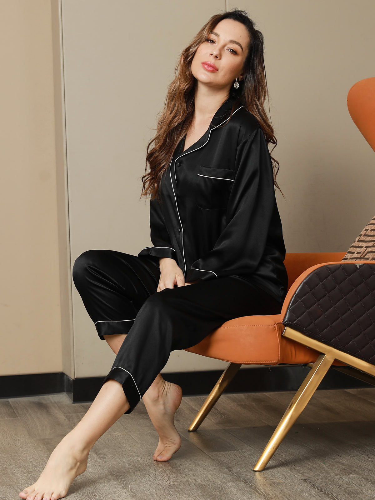 [Zwart] SilkSilky-NL Lange Mouw Notchkraag Dames Pyjama Set 001