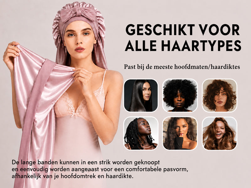 Lange Slaapmuts Van 100% Moerbeizijde Met Dubbele Laag En Verstelbaar Lang Lint - Detail 4