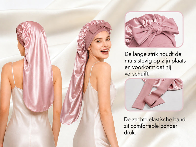 Lange Slaapmuts Van 100% Moerbeizijde Met Dubbele Laag En Verstelbaar Lang Lint - Detail 3