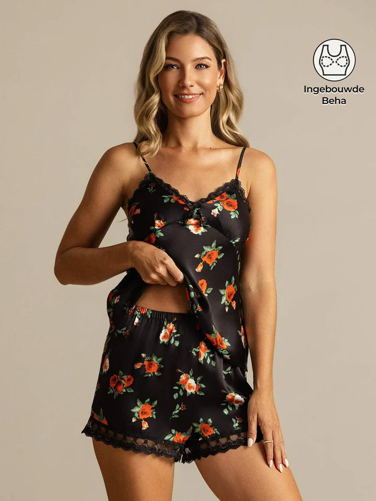 Pure Zijde Bloemenrand Camisole Set met Kantstrik Ontwerp