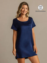 [Donkerblauw] SilkSilky-NL 19Momme Korte Mouw Ronde Hals Nachthemd 001