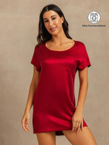 [Wijn] SilkSilky-NL 19Momme Korte Mouw Ronde Hals Nachthemd 001