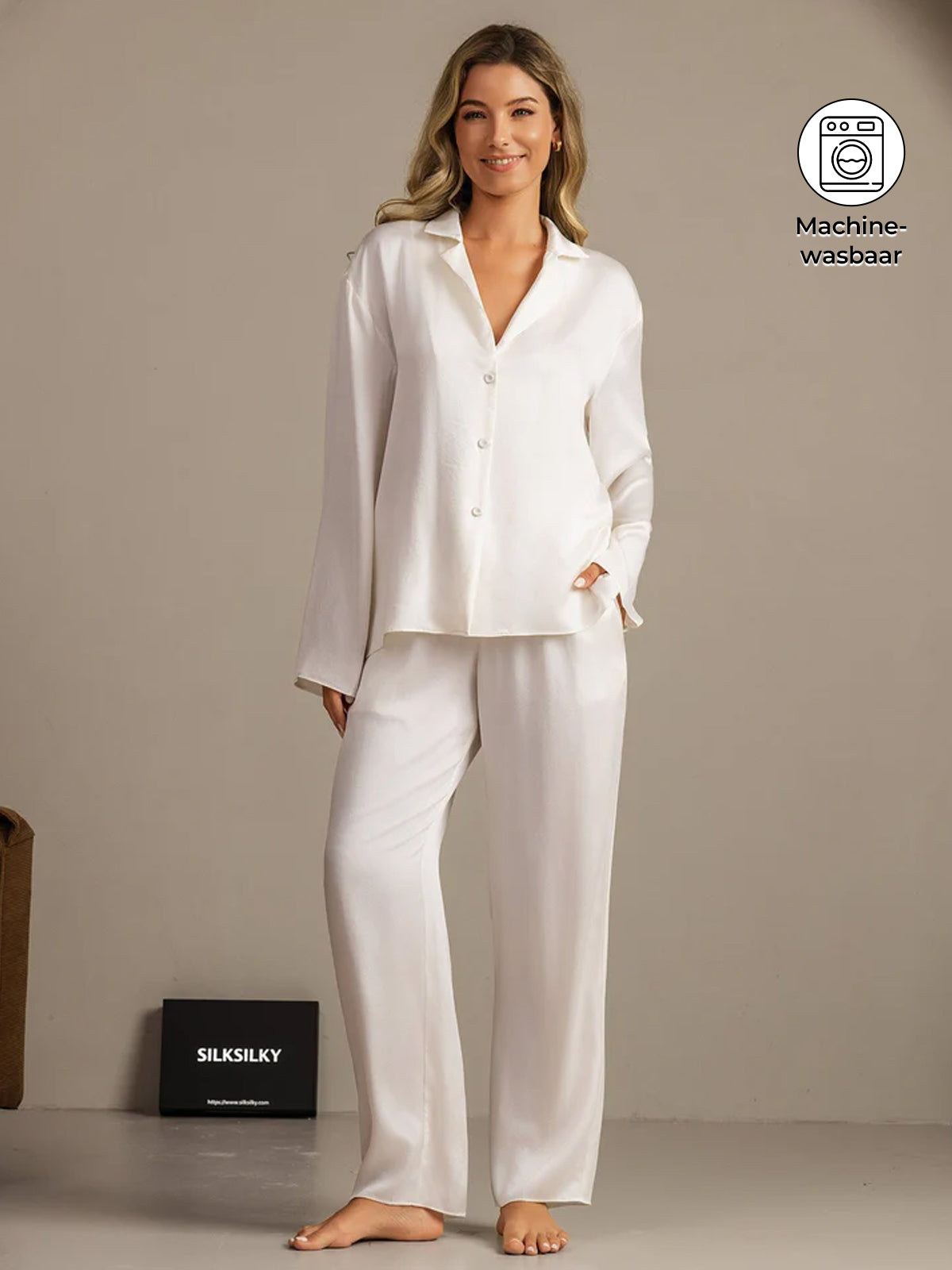 19Momme Wasbare Zijde Lange Mouwen Notch Kraag Dames Pyjama Set