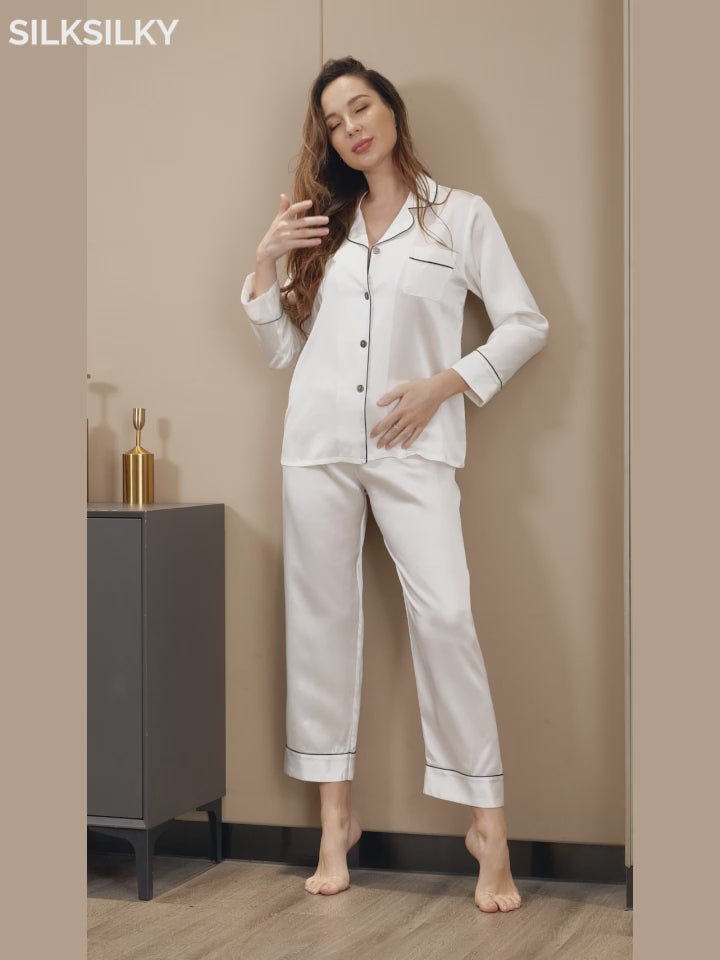 SilkSilky-NL Lange Mouw Revers Dames Pyjama Set video 001