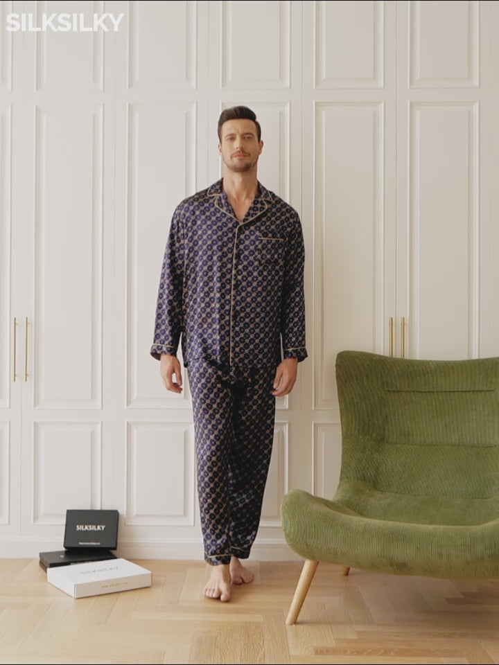 SilkSilky-NL Pure Silk Lange Mouw Revers Heren Pyjama Set-video-001