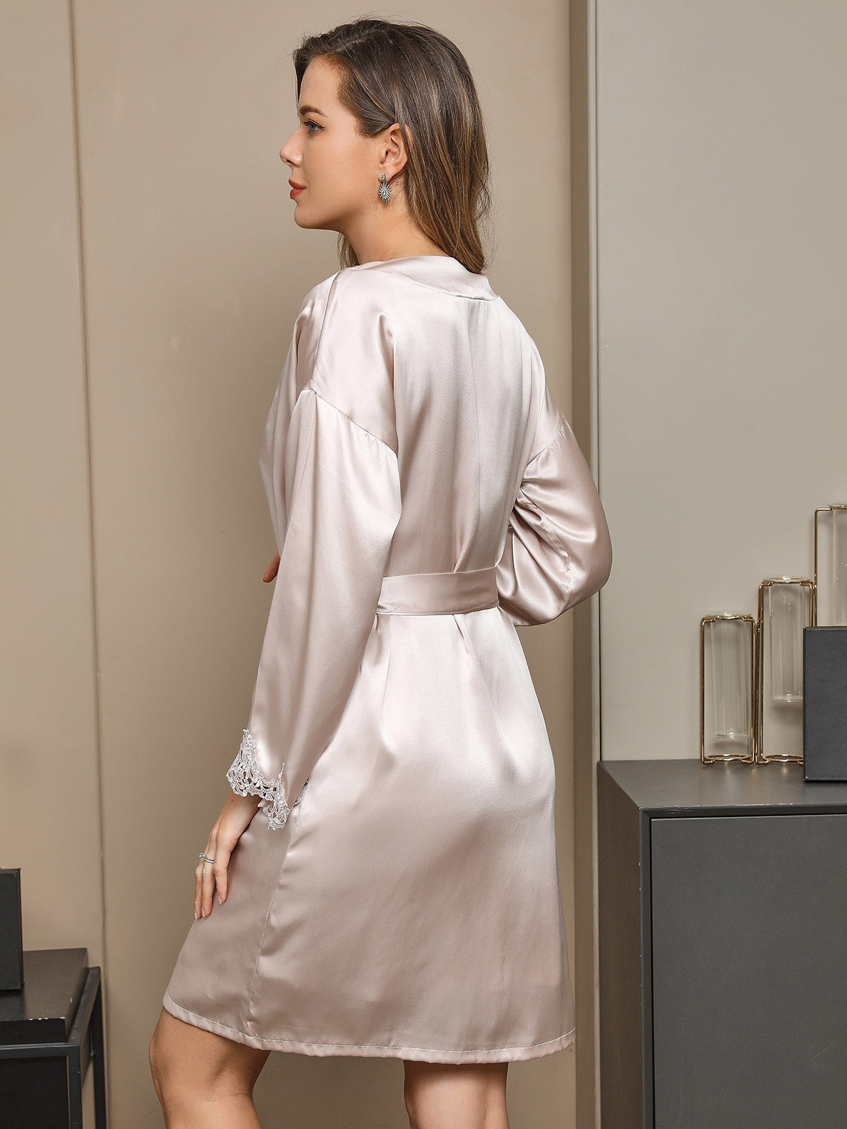 [Beige] SilkSilky-NL Pure Silk Lange Mouw Nightgown&Robe Set 003
